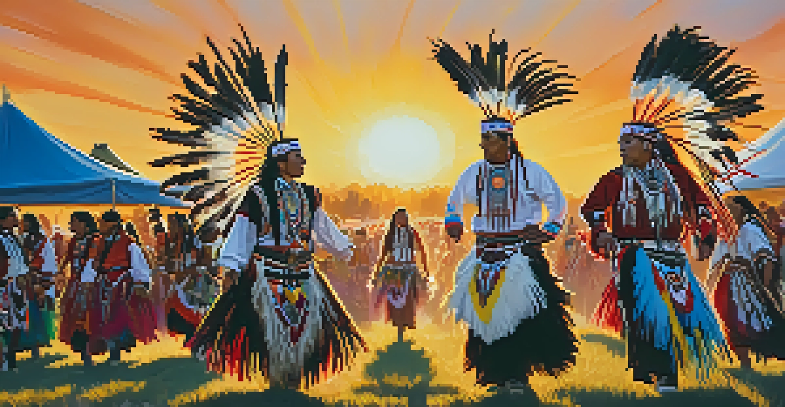 Native American dancers in traditional attire performing at a Powwow under a sunset sky.