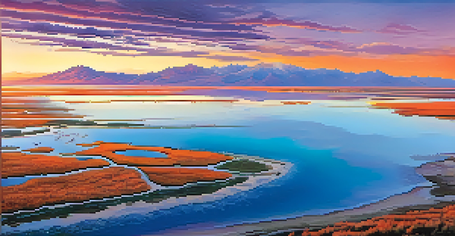 An aerial view of the Great Salt Lake during sunset, with vibrant colors in the sky and wetlands filled with migratory birds surrounding the lake.