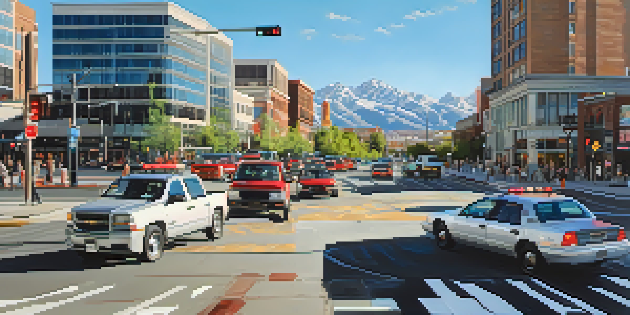 A busy urban intersection in Salt Lake City with smart traffic signals and a view of the mountains in the background.