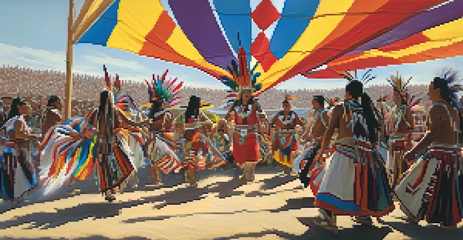 A lively powwow featuring dancers in traditional clothing, surrounded by colorful banners and spectators enjoying the cultural celebration.