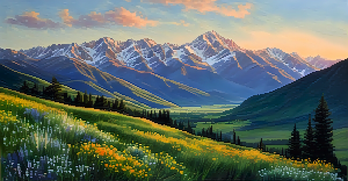 A breathtaking sunrise over the Wasatch Range, showcasing golden light on snow-capped peaks and a lush green valley filled with wildflowers.