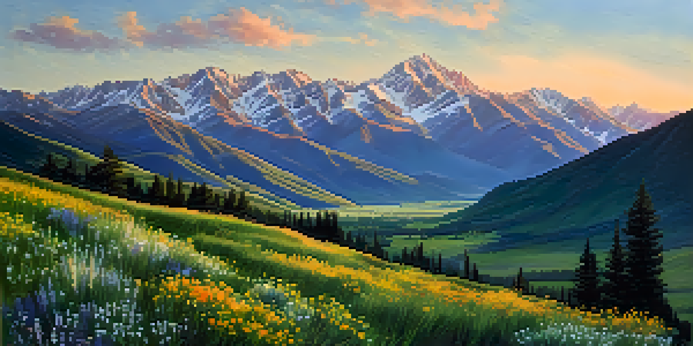 A breathtaking sunrise over the Wasatch Range, showcasing golden light on snow-capped peaks and a lush green valley filled with wildflowers.