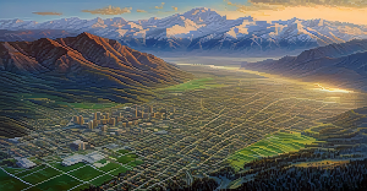 An aerial view of Utah's Wasatch Front showing urban neighborhoods, highways, and mountains in the background under soft morning light.