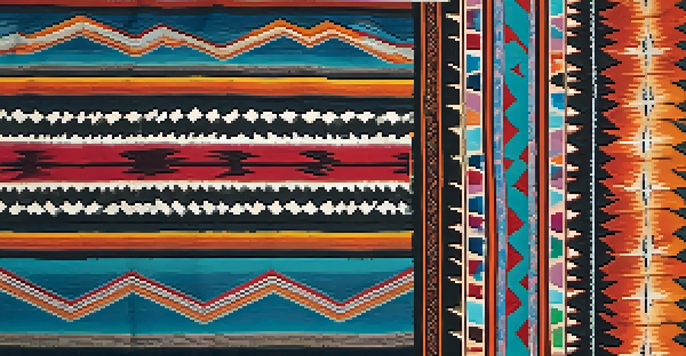 A beautifully woven Navajo textile displayed on a loom, with intricate patterns and rich colors in a sunlit room.