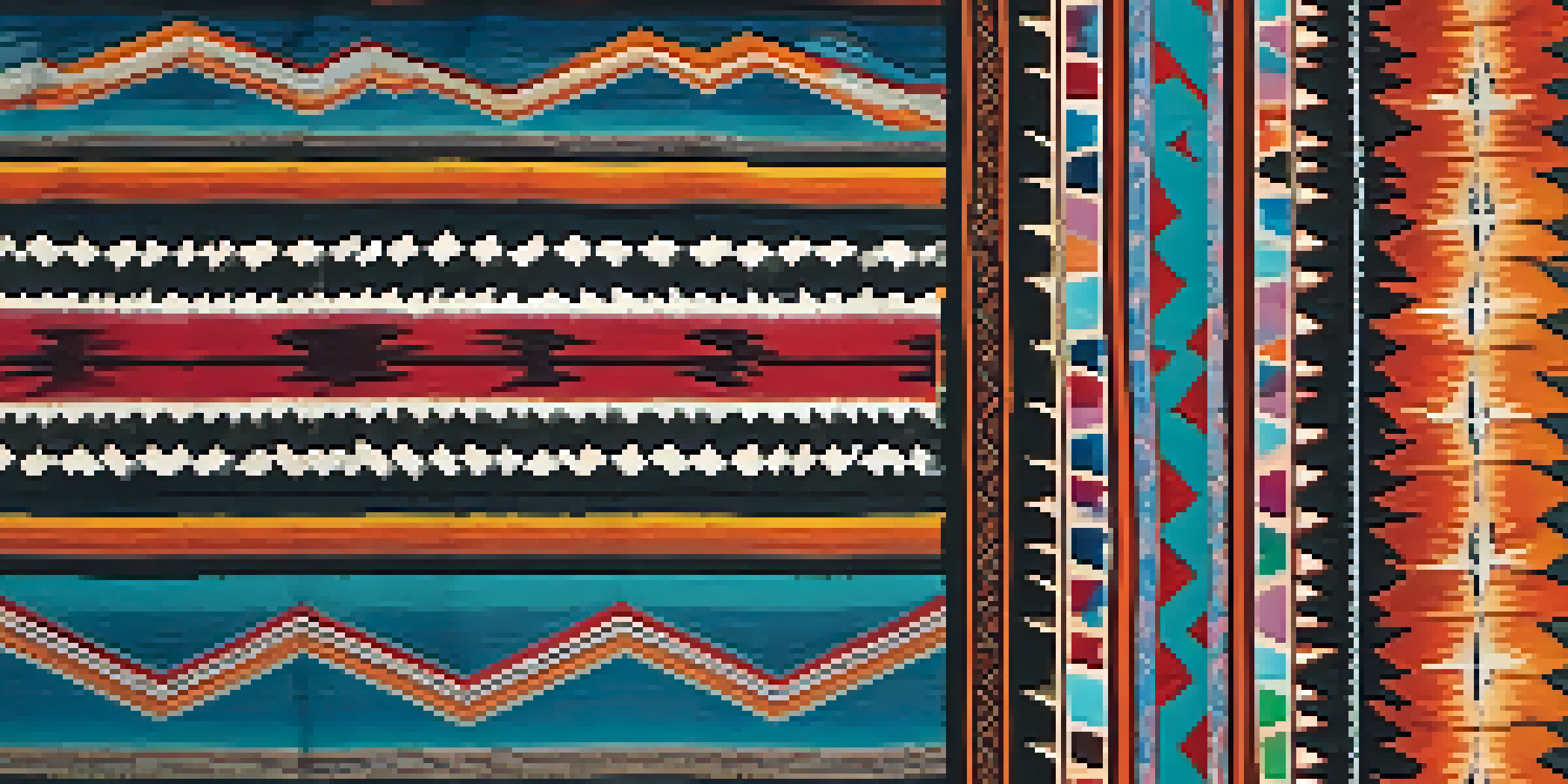 A beautifully woven Navajo textile displayed on a loom, with intricate patterns and rich colors in a sunlit room.