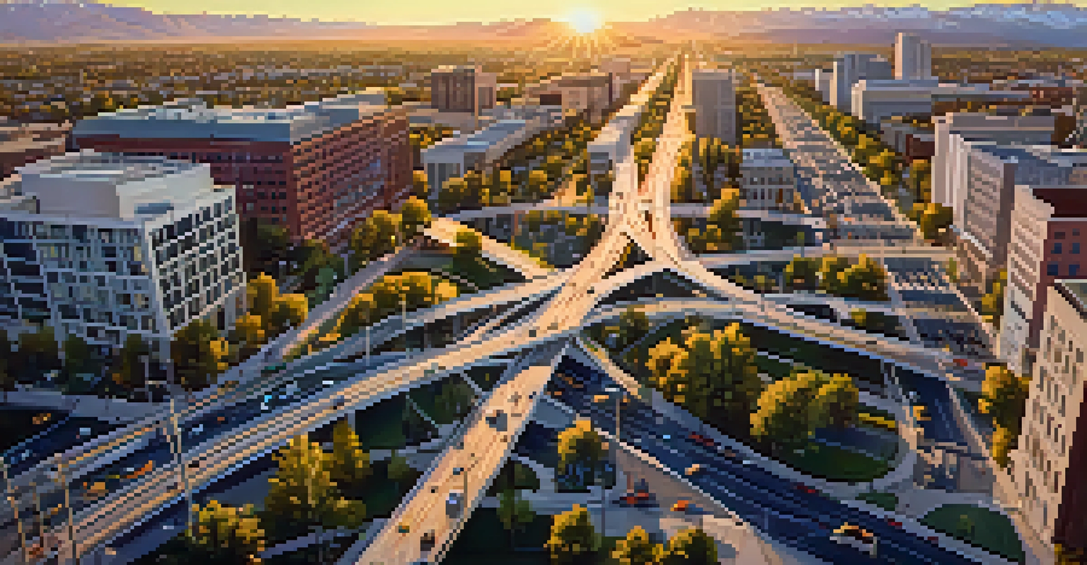 Aerial view of a busy intersection in Salt Lake City with highways, modern buildings, and vehicles during the golden hour.