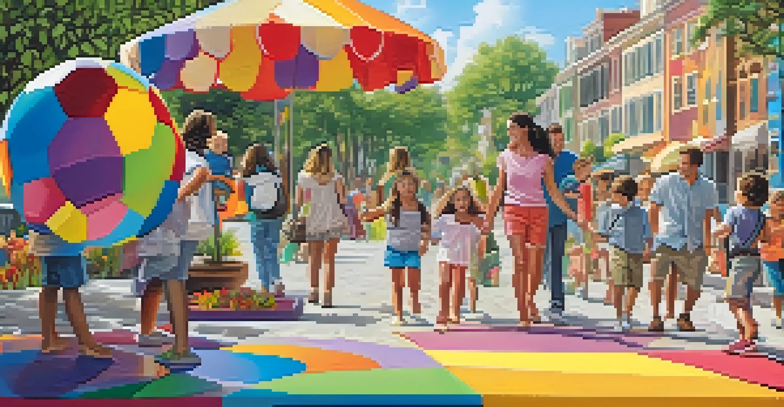 A family happily exploring an art stroll, engaging with colorful art installations and children's activities in an outdoor setting.
