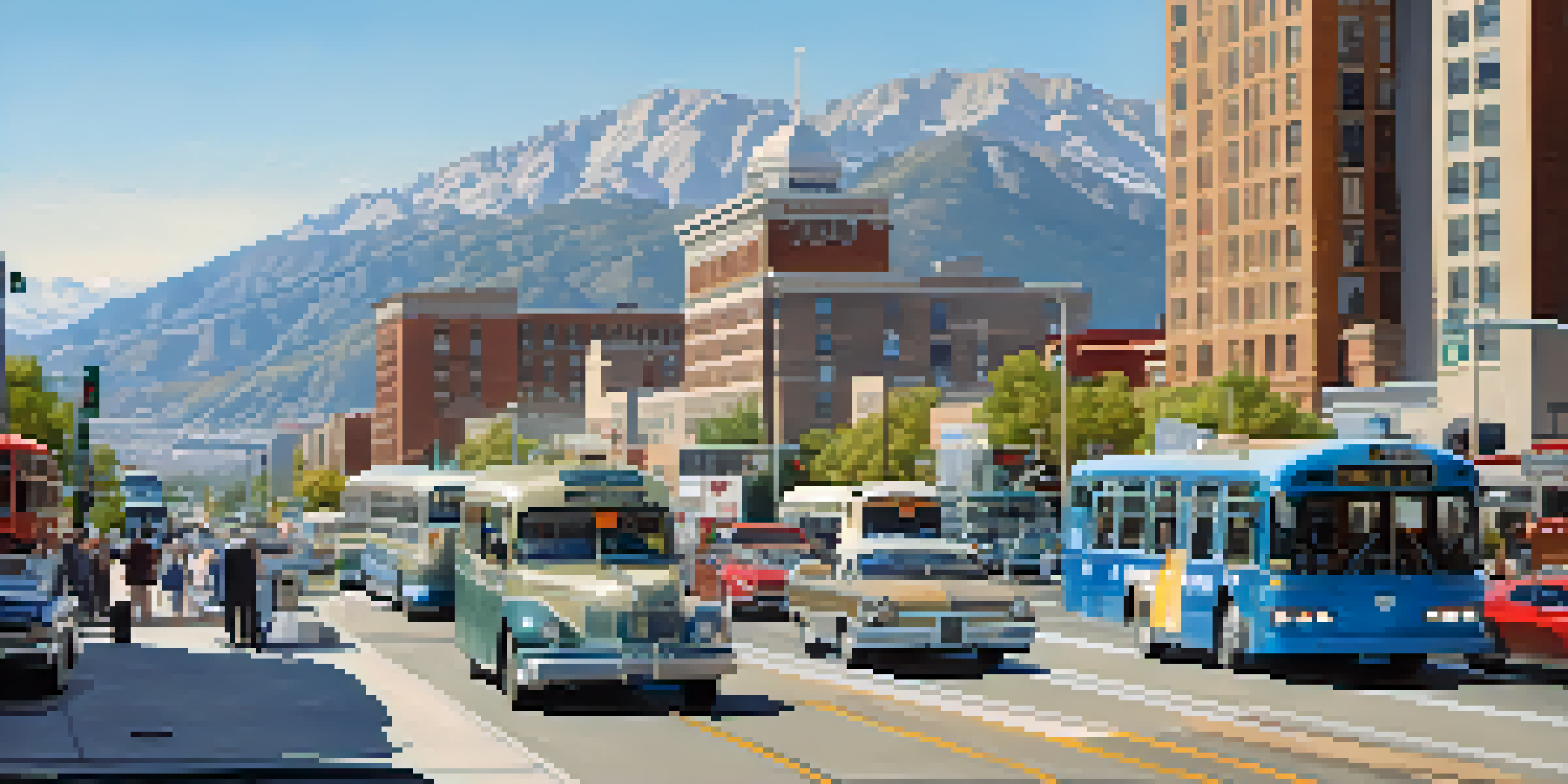 A busy urban highway in Salt Lake City with cars and buses, modern buildings, and mountains in the background under a clear blue sky.