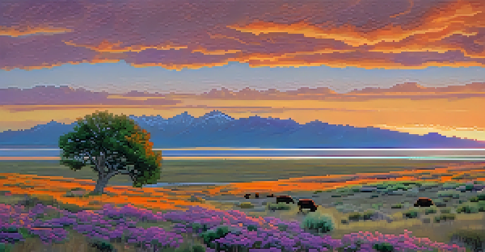 Sunset view of Antelope Island State Park with grazing bison and vibrant wildflowers.