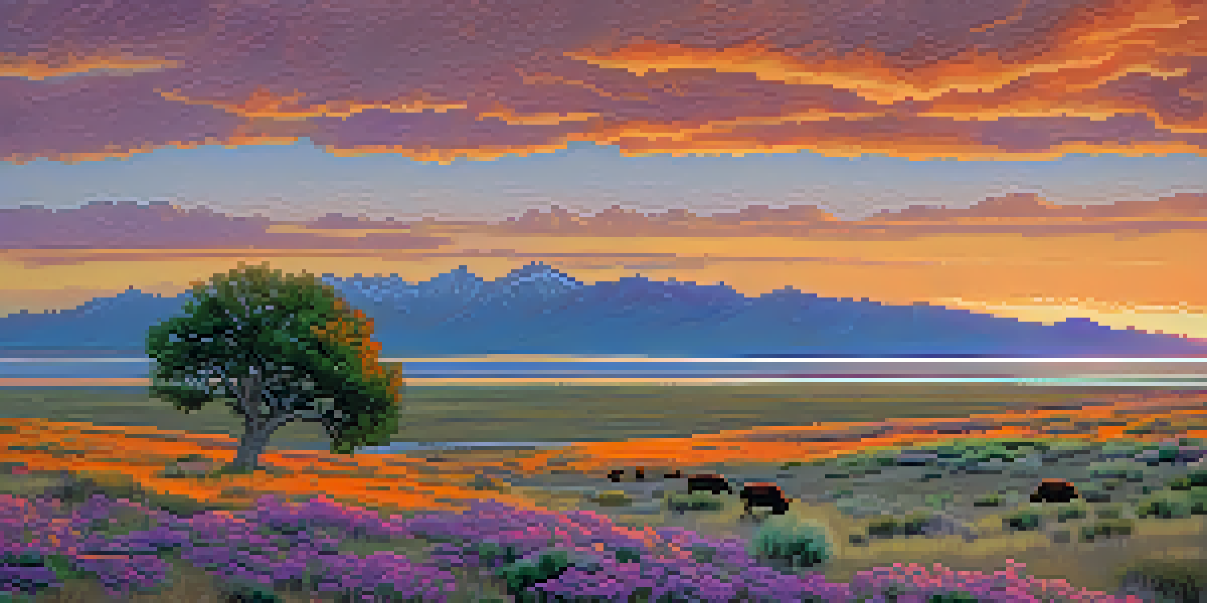 Sunset view of Antelope Island State Park with grazing bison and vibrant wildflowers.