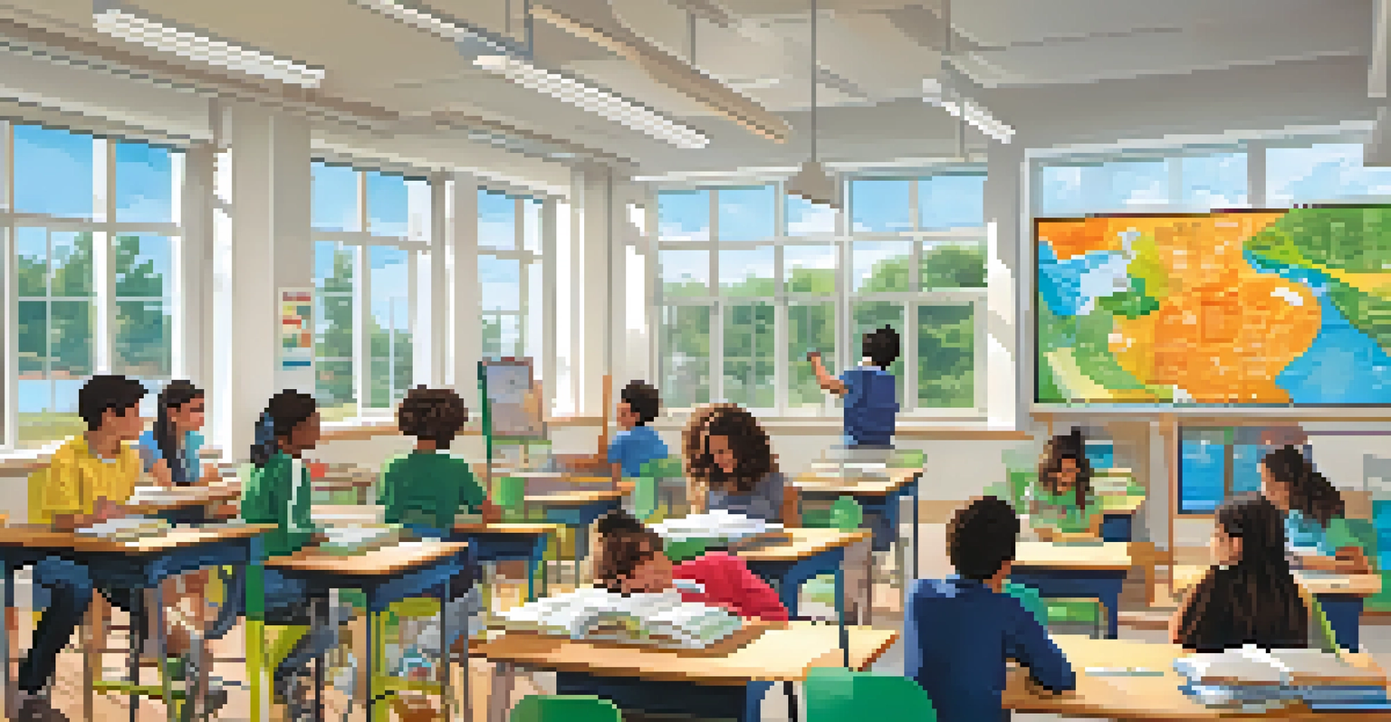 A modern classroom with students working on a project, bright natural light, and technology integrated into the learning environment.