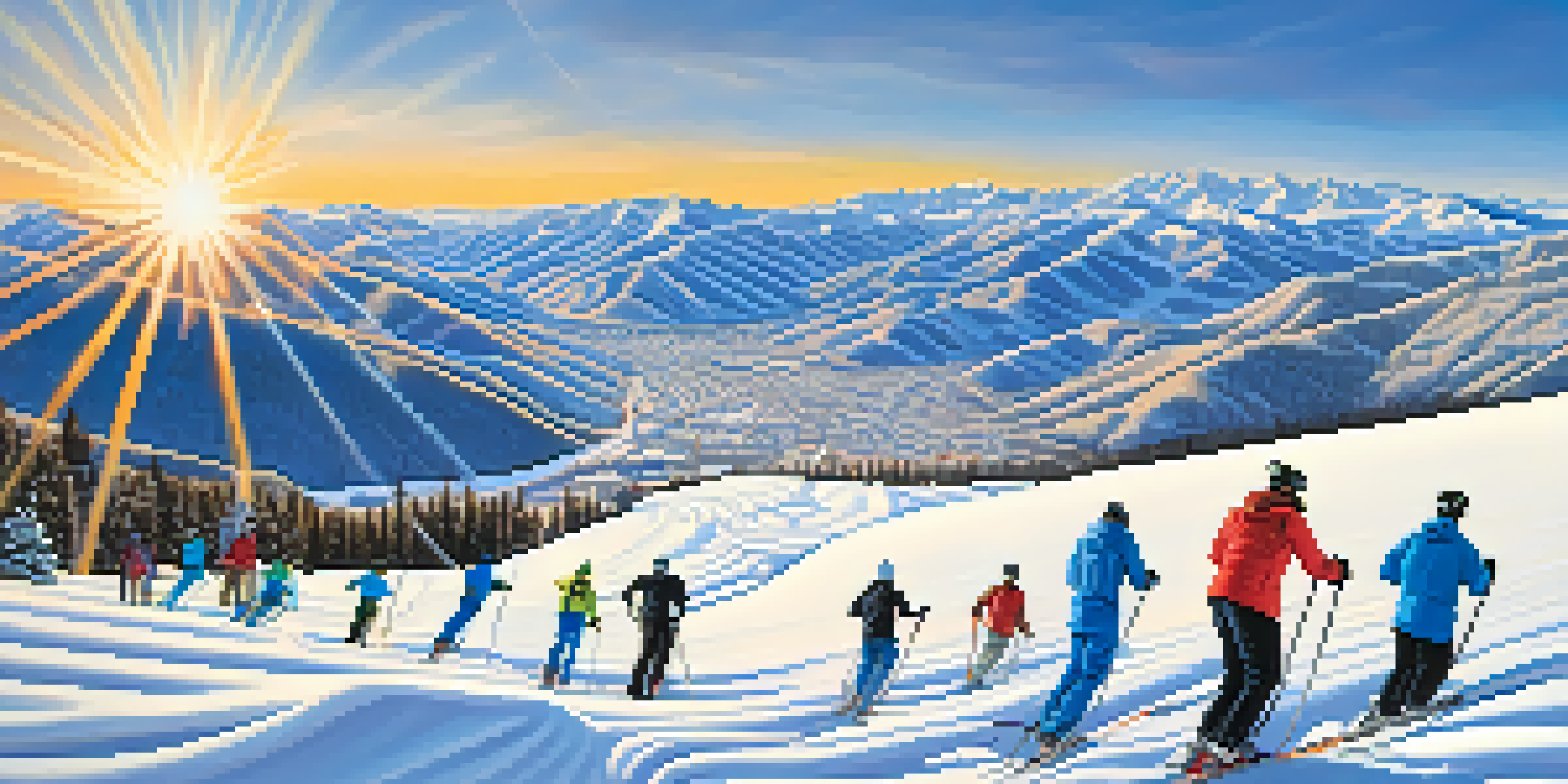 A scenic view of snow-covered mountains with skiers on a slope, under a clear blue sky and a colorful sunset.