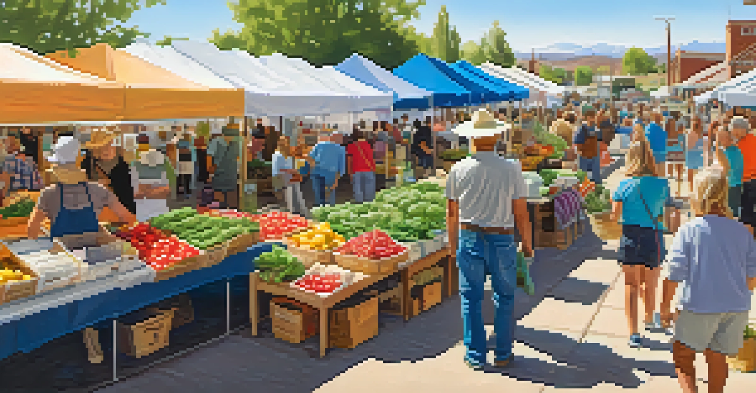 A lively farmers market in Utah filled with colorful stalls of fresh produce and local crafts, with shoppers and children enjoying the atmosphere.