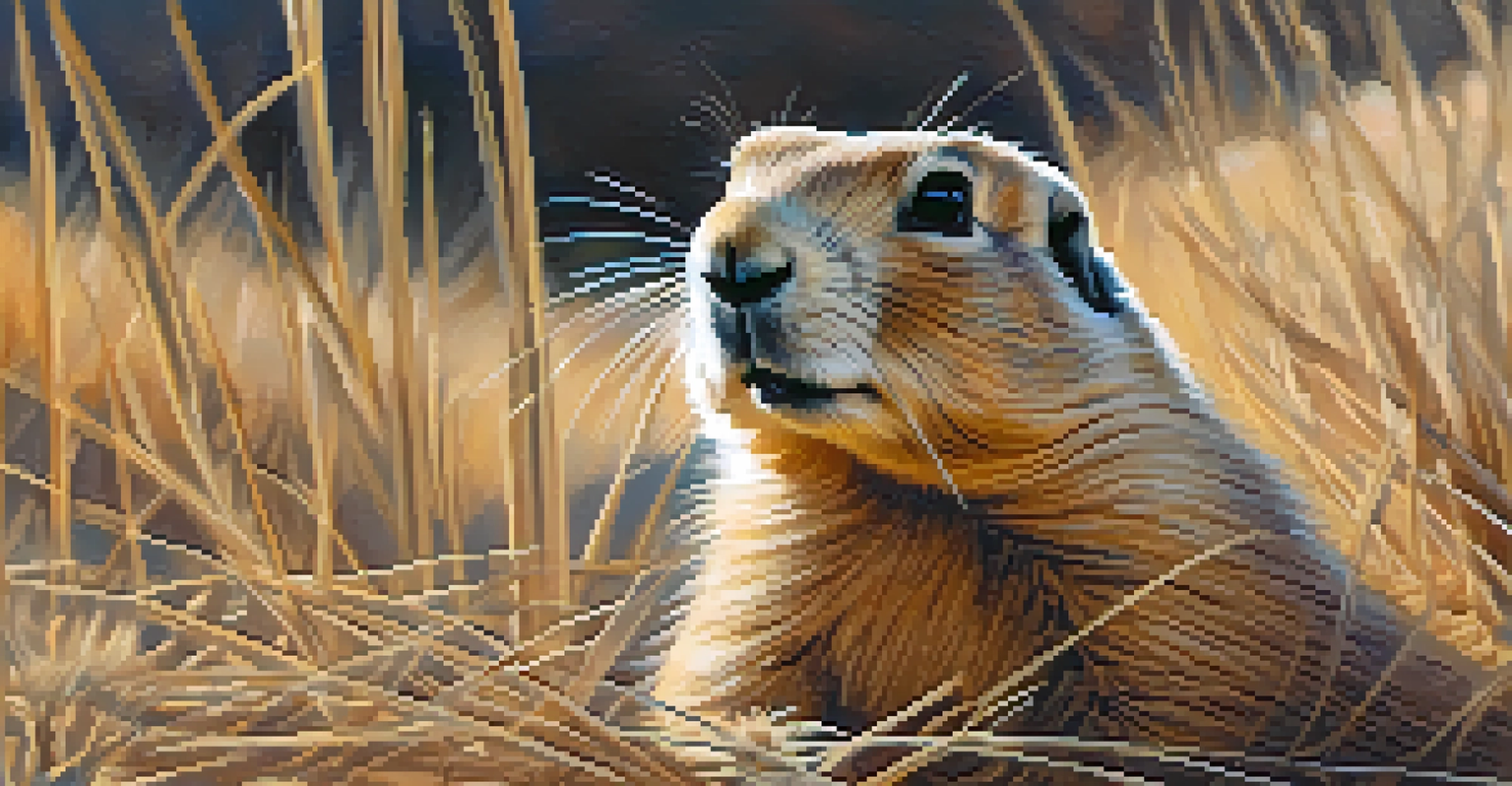 Close-up image of a Utah prairie dog peeking from its burrow, with soft focus on the background vegetation.