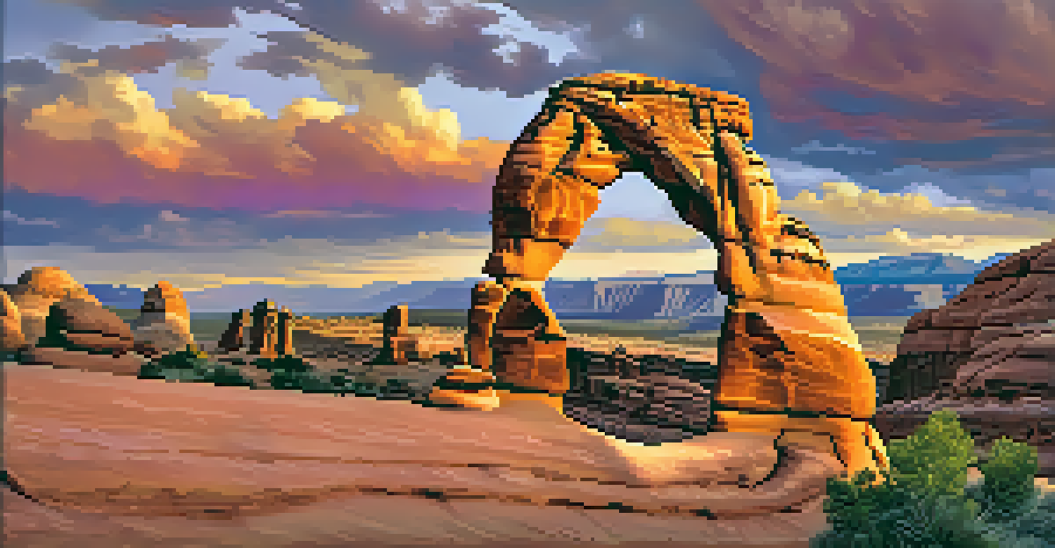 Delicate Arch in Arches National Park at sunset, surrounded by colorful skies and rocky terrain.