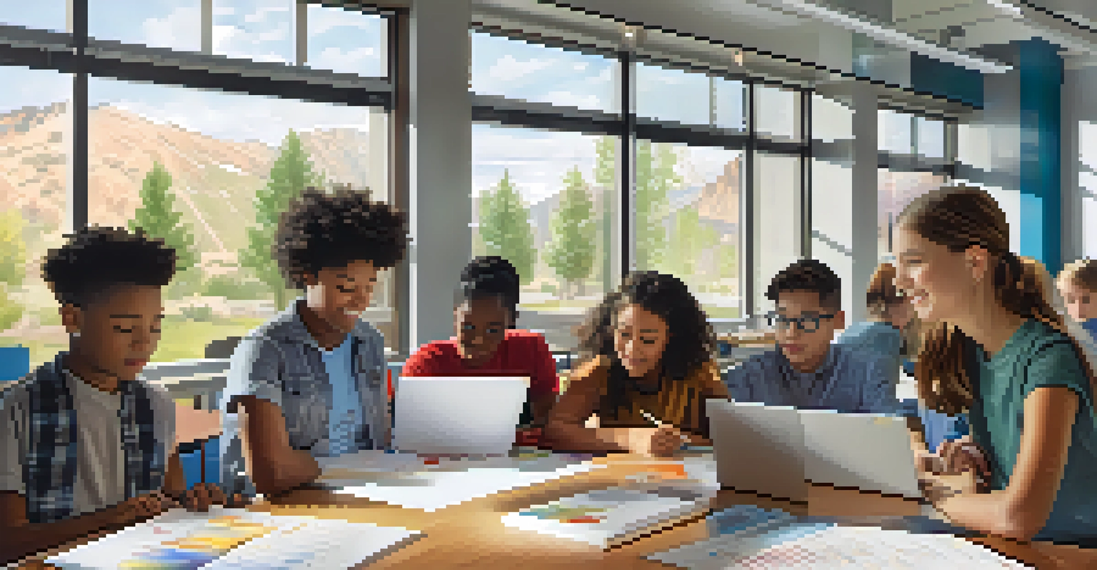 A diverse group of students collaborating in a bright, modern classroom in Utah.
