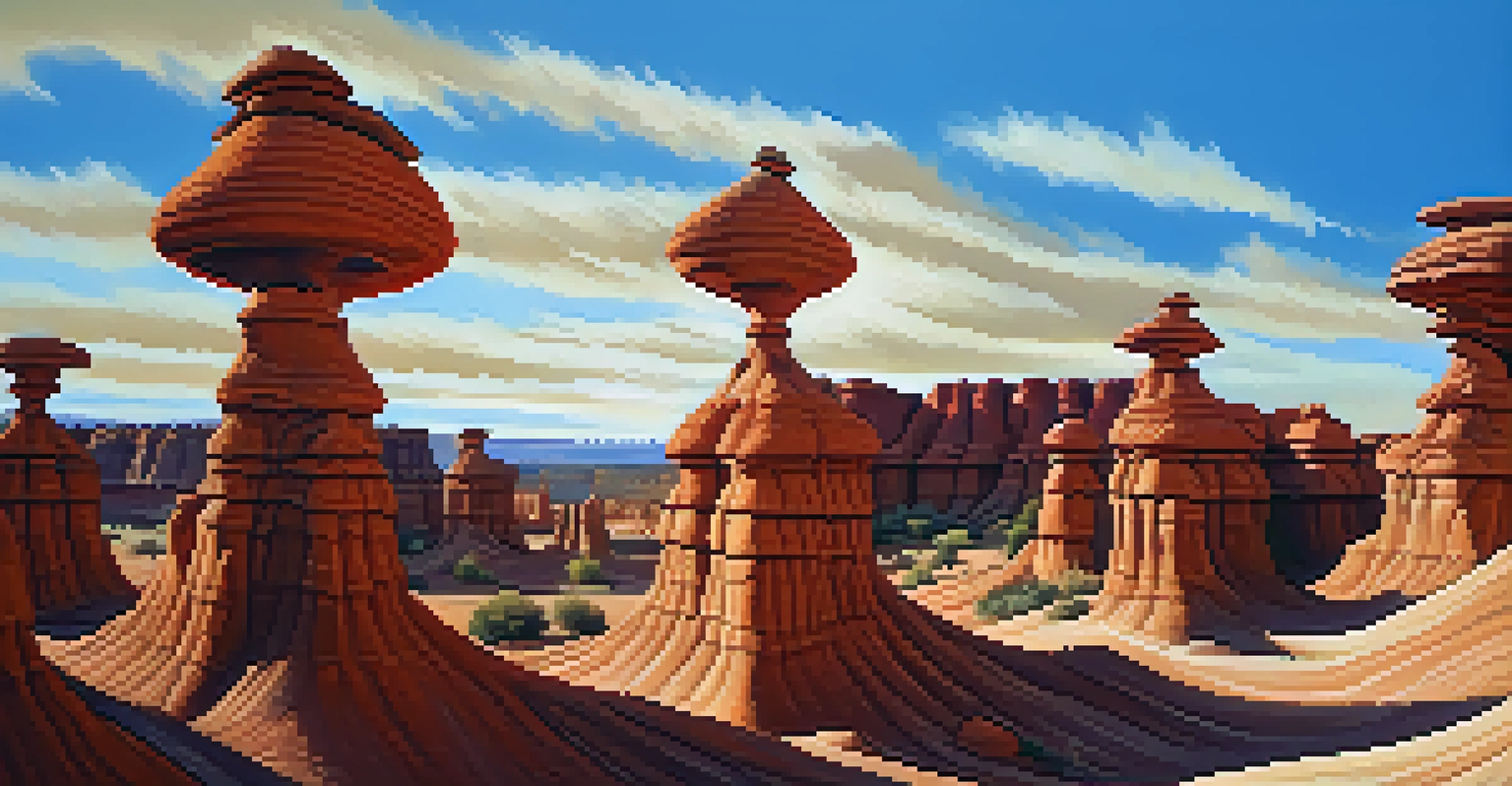 Close-up of hoodoo rock formations in Goblin Valley State Park illuminated by morning light.