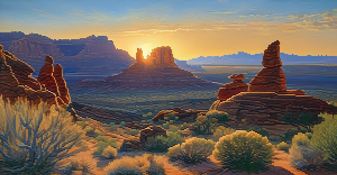 A picturesque view of Bear's Ears National Monument during sunset, with warm colors illuminating the rock formations and a Native American figure in traditional attire in the foreground.