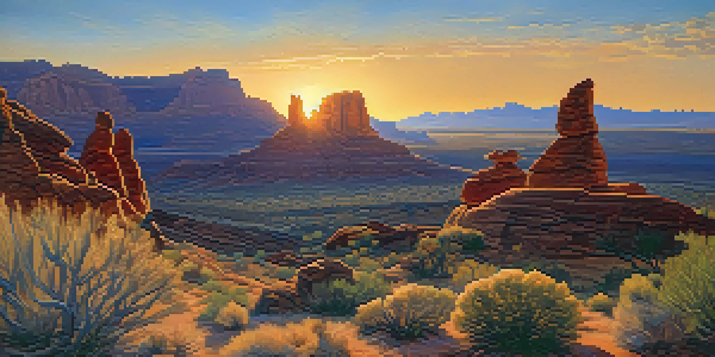 A picturesque view of Bear's Ears National Monument during sunset, with warm colors illuminating the rock formations and a Native American figure in traditional attire in the foreground.