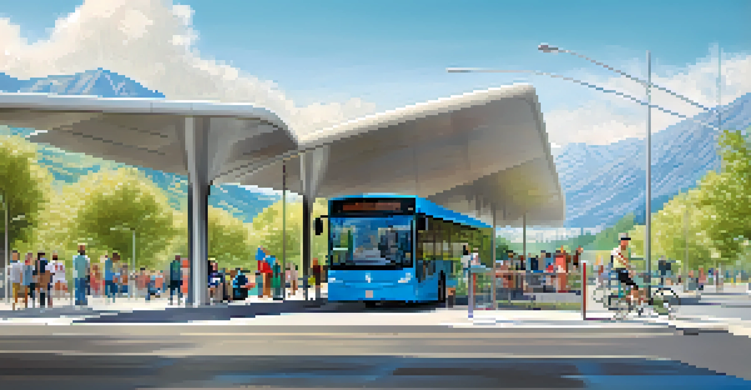 A modern BRT bus at a station in Provo, surrounded by parks and cyclists, under a clear blue sky.