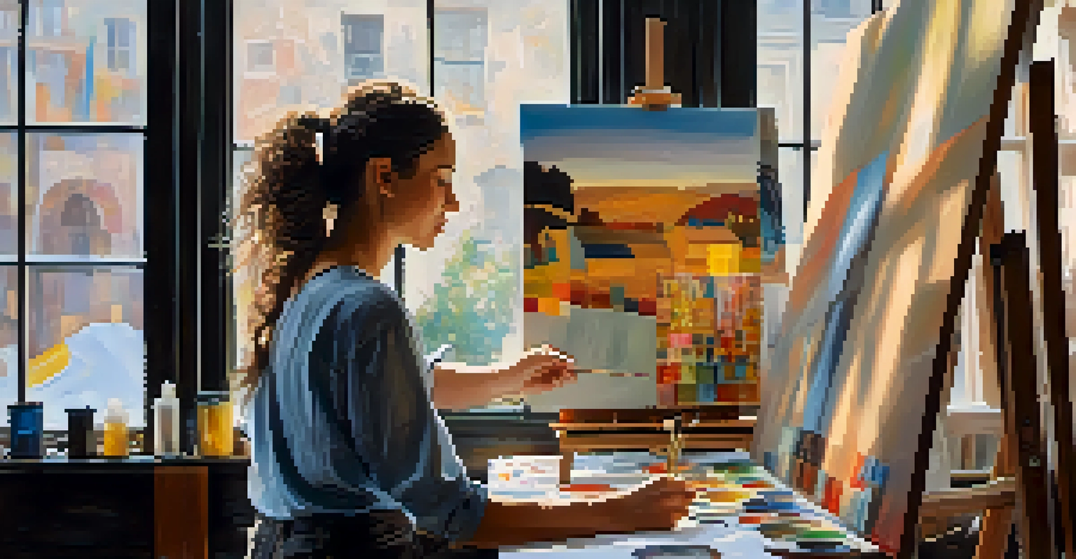 An artist in their studio, painting with vibrant colors, surrounded by their artwork in a softly lit environment.