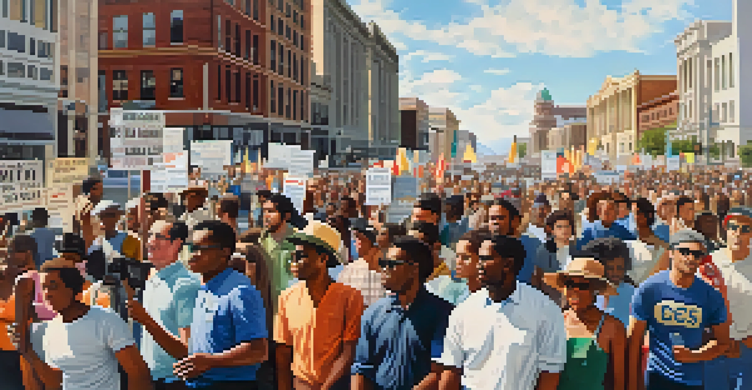 A historic civil rights march in Utah during the 1960s, depicting diverse activists united for equality with signs and banners.