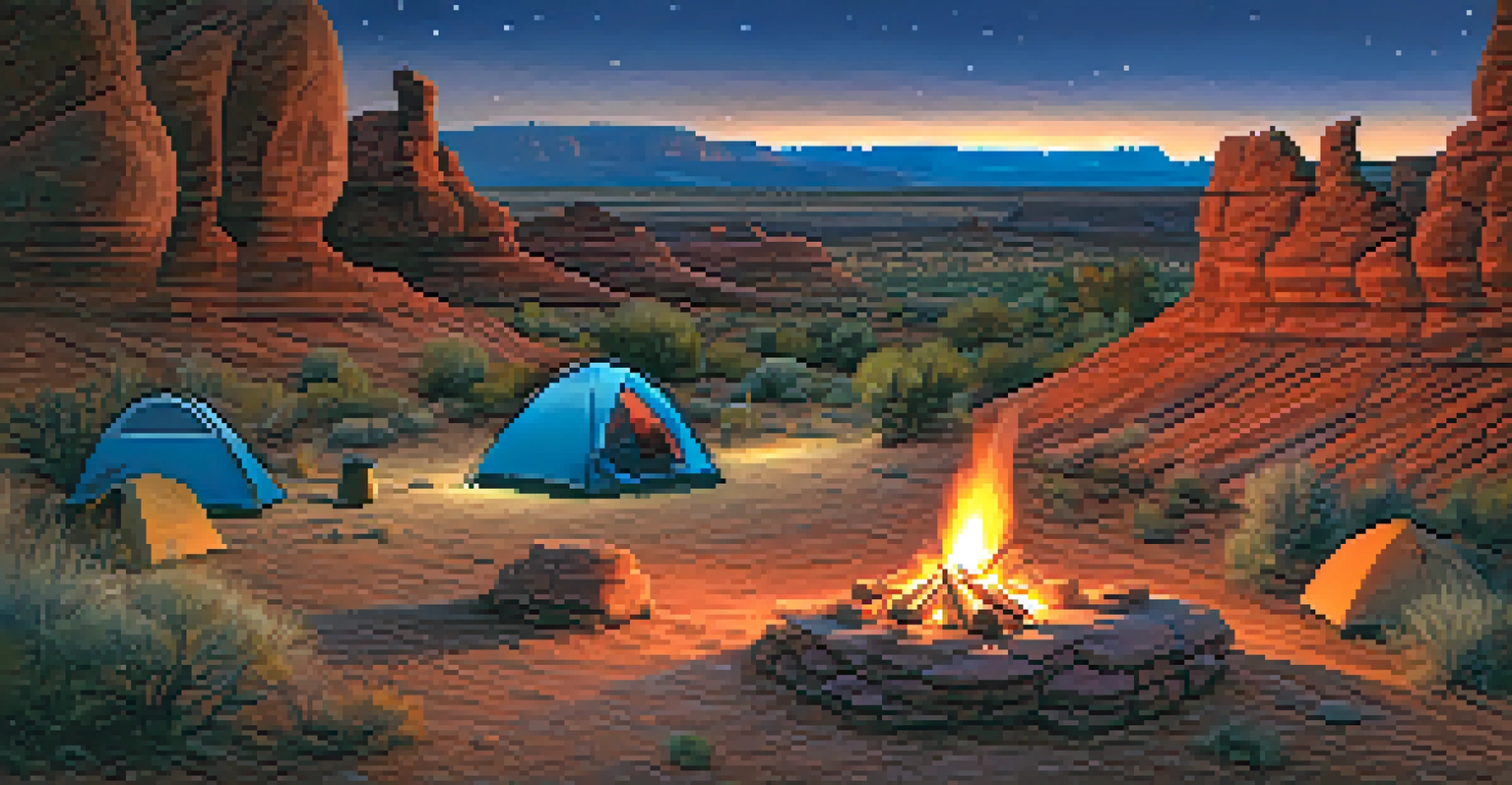 Campers gathered around a campfire under a starry sky, surrounded by Moab's red rock formations.