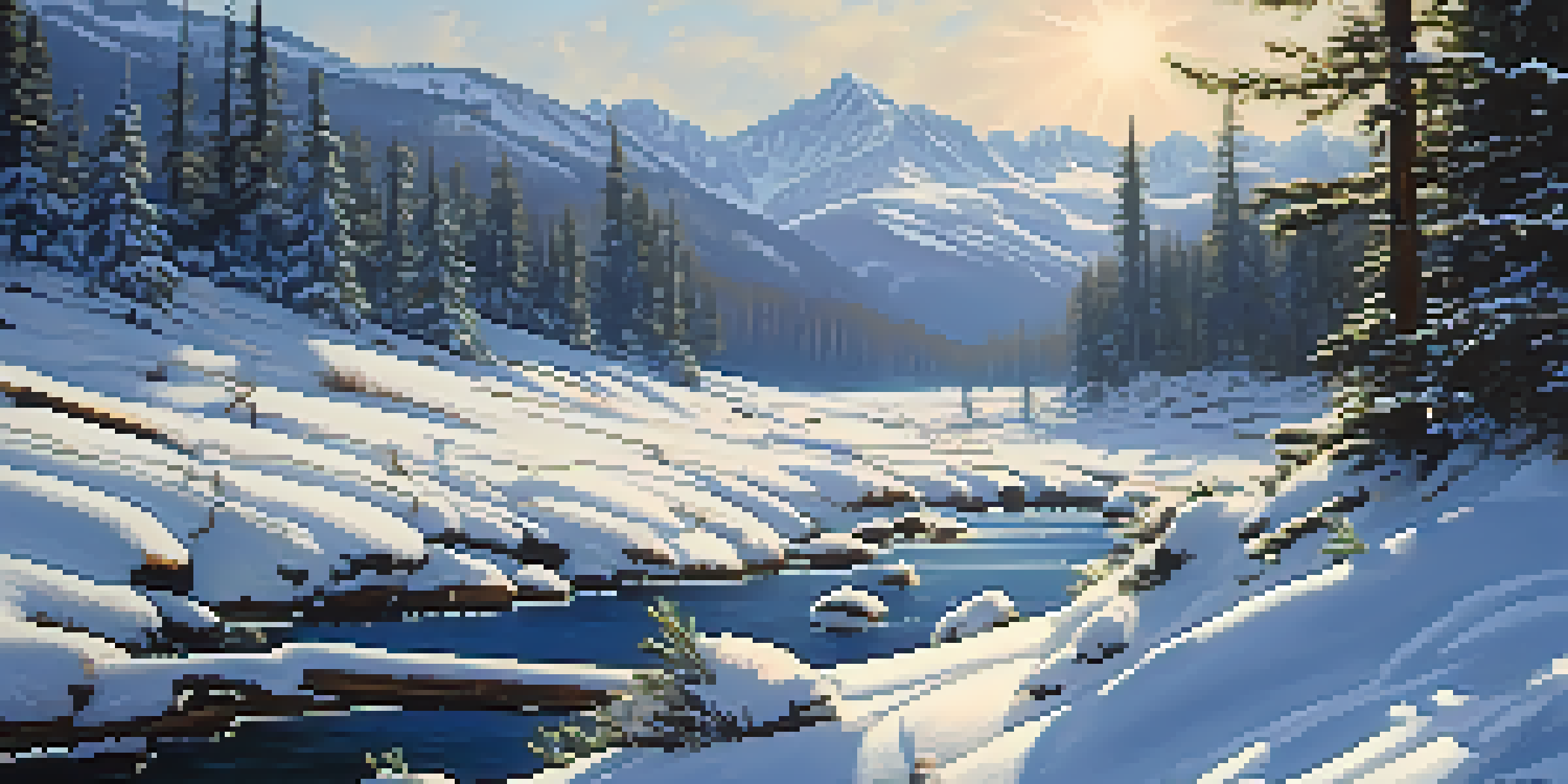 A peaceful winter scene in Utah with a thick layer of snow, pine trees, and mountains under a clear blue sky.