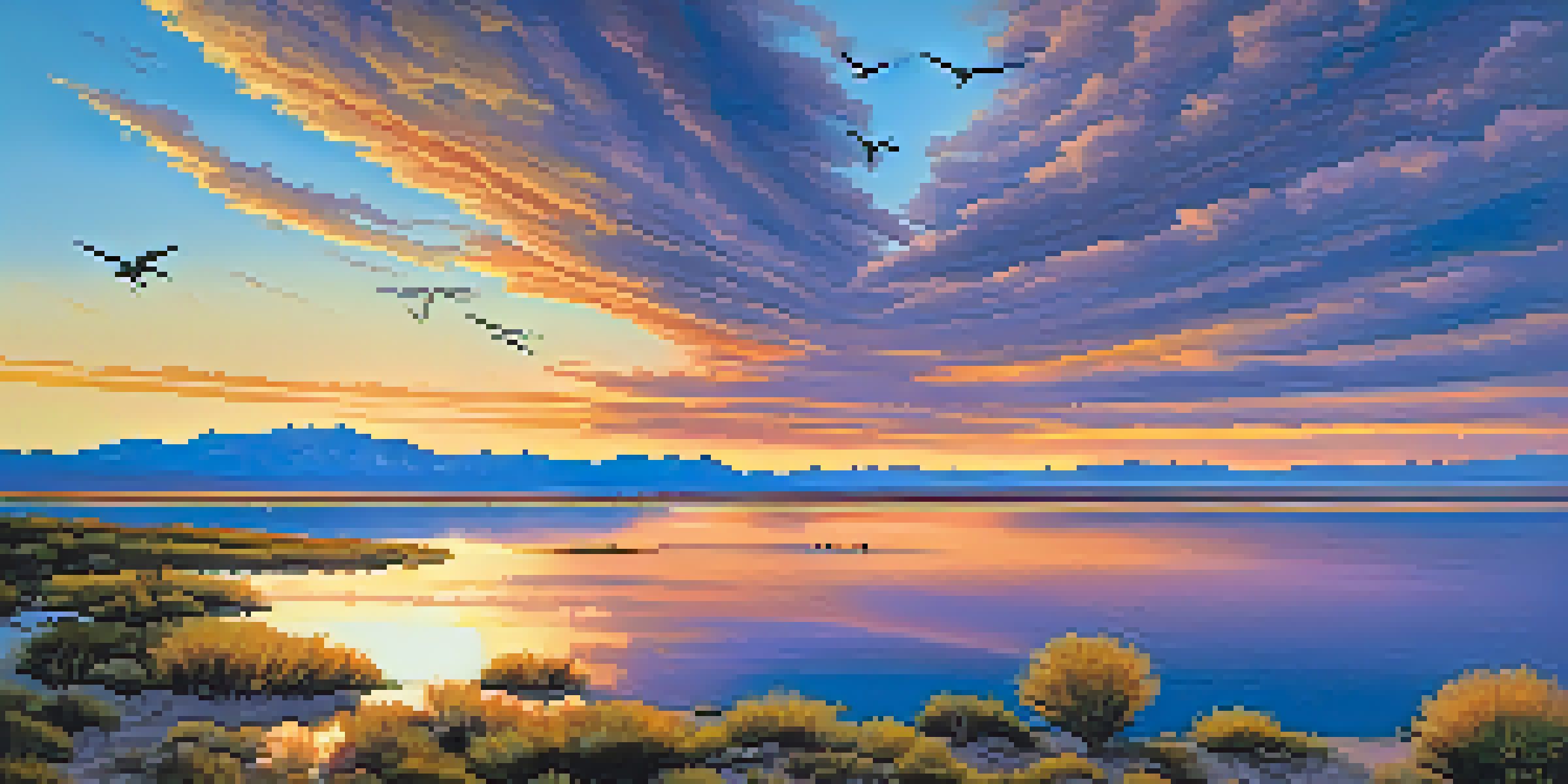Aerial view of the Great Salt Lake at sunset with colorful reflections and silhouettes of birds flying above.