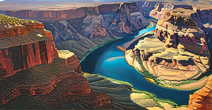Aerial view of the Grand Canyon at sunset with vibrant sky colors and the winding Colorado River.