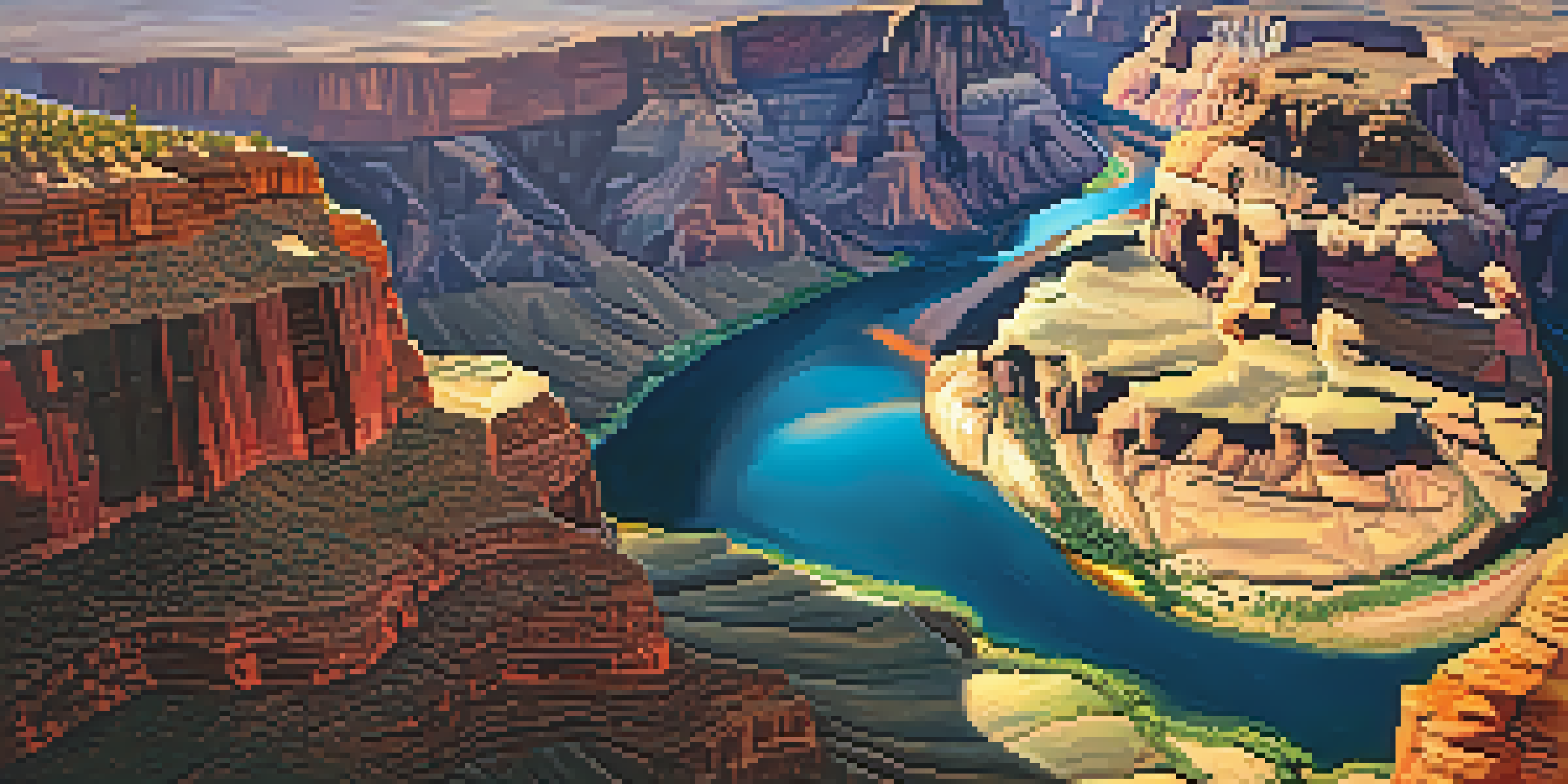 Aerial view of the Grand Canyon at sunset with vibrant sky colors and the winding Colorado River.
