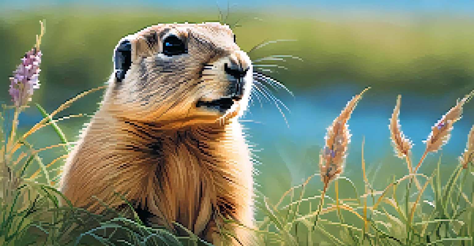 A close-up of a Utah prairie dog amidst native grasses and wildflowers, showcasing its playful posture.