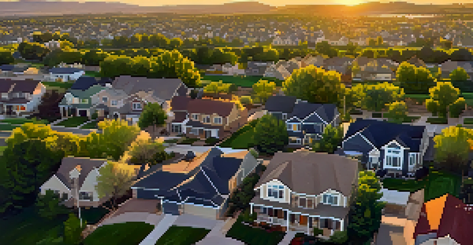 An aerial view of diverse suburban homes in Utah during sunset, highlighting gardens and green spaces.