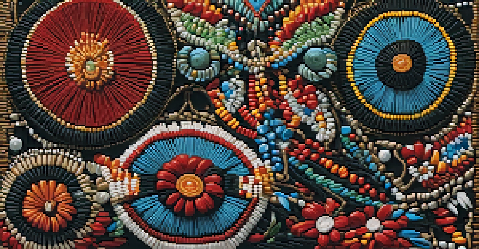 A close-up view of intricate Native American beadwork featuring floral patterns on colorful fabric, with glossy beads shining in the light.