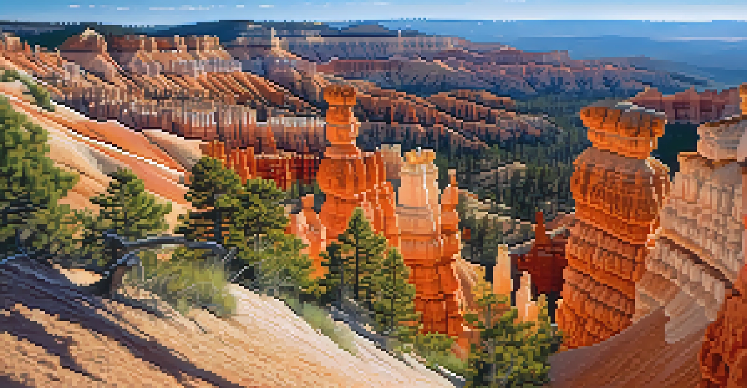 A picturesque view of Bryce Canyon with hoodoos and a hiker on a trail.