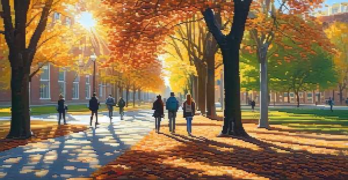 A university campus in autumn with students walking on paths covered in colorful leaves and sunlight filtering through trees.