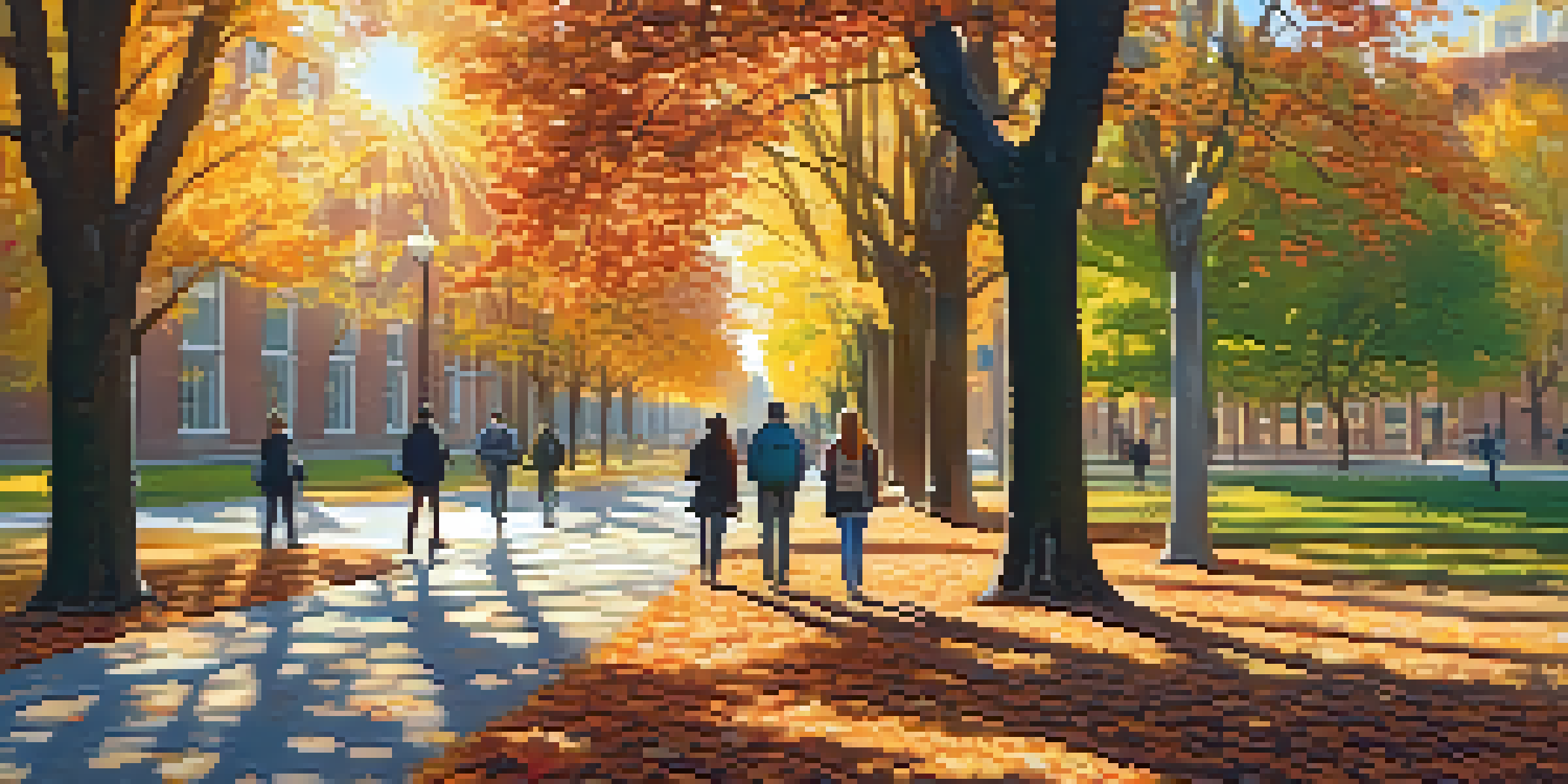 A university campus in autumn with students walking on paths covered in colorful leaves and sunlight filtering through trees.
