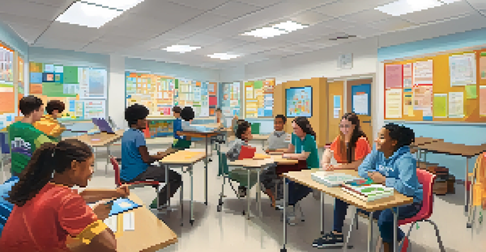 A diverse classroom with students of different abilities collaborating on a learning activity, with a teacher guiding them.