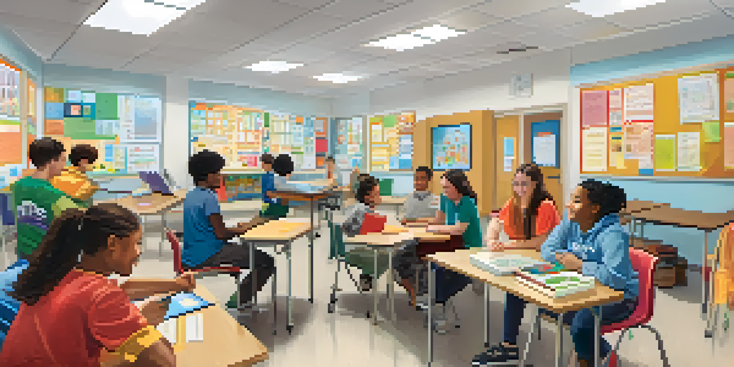 A diverse classroom with students of different abilities collaborating on a learning activity, with a teacher guiding them.