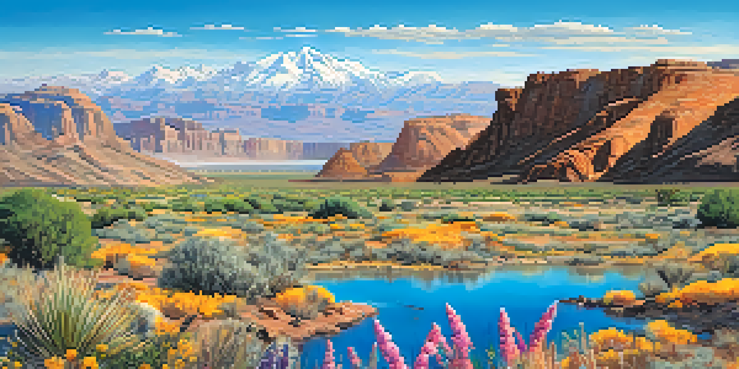 A wide view of Utah's natural landscape featuring mountains, desert, and colorful wildflowers, with a California condor flying in the sky.