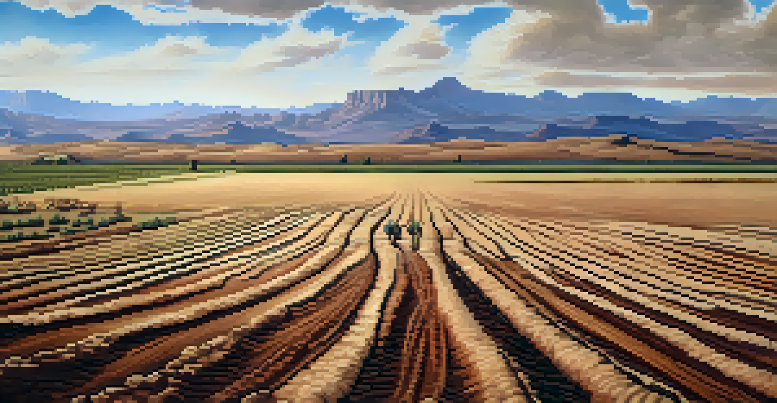 A close-up of a farmer's hands holding dry soil, with a field of drought-resistant crops in the background.