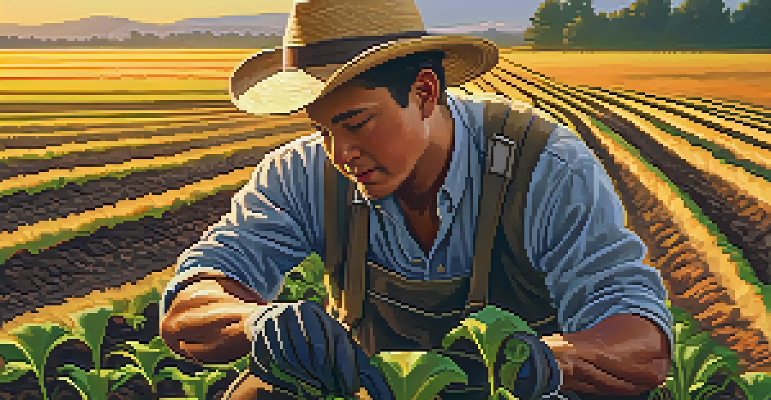 A farmer checking soil moisture in a field with crops in the background during sunset.