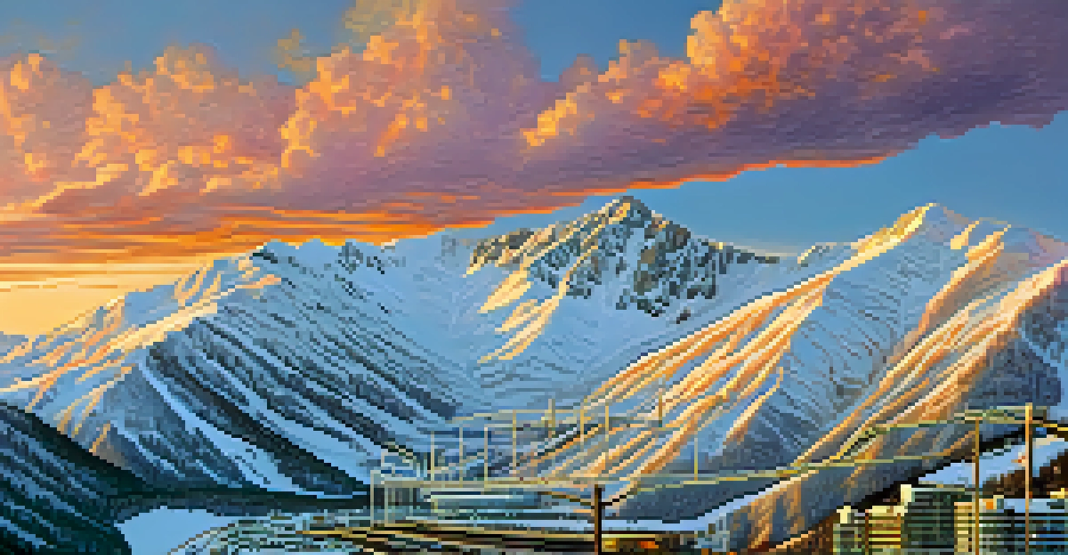 An aerial view of Snowbird Resort showcasing steep terrain and the Aerial Tram against a colorful sunset sky.