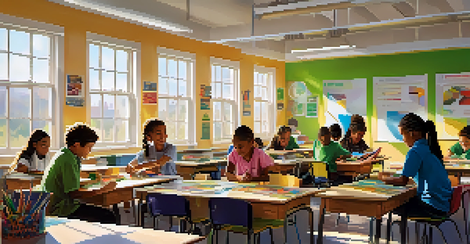 A bright classroom with students of various backgrounds working together on a STEM project, surrounded by educational materials and sunlight.