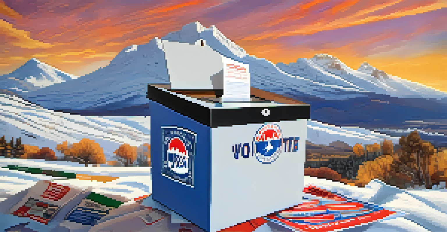 A close-up of a ballot box with campaign flyers and mountains in the background, symbolizing civic duty.