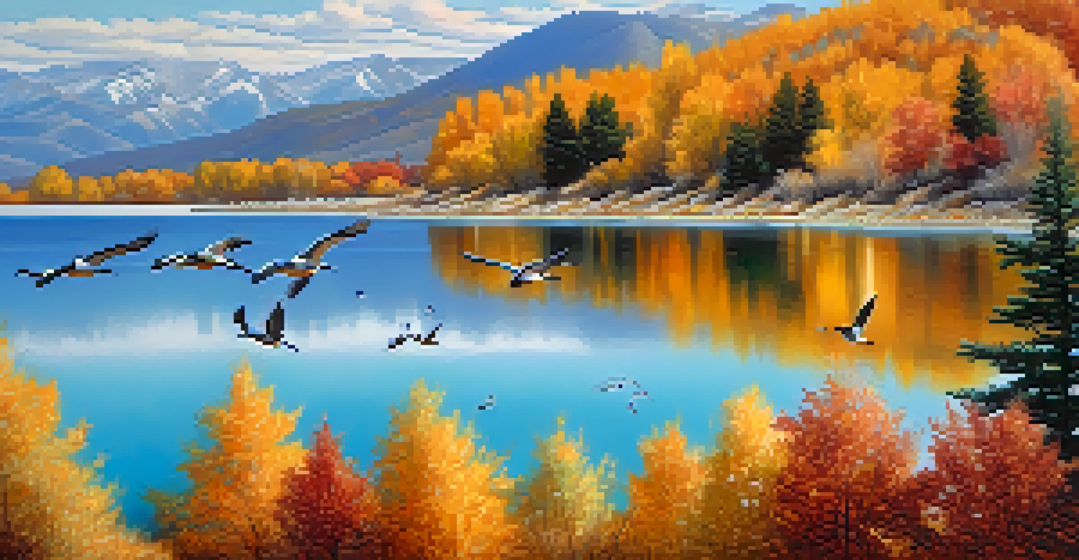 Autumn view of Bear Lake with turquoise waters and migratory birds in flight.