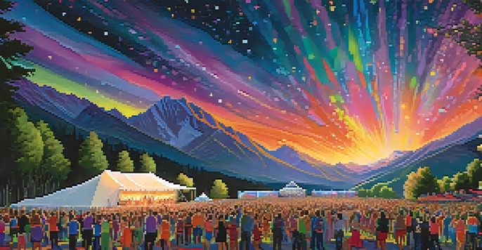 A lively music festival in Utah's mountains with people dancing under a starry sky and colorful stage lights illuminating the crowd.