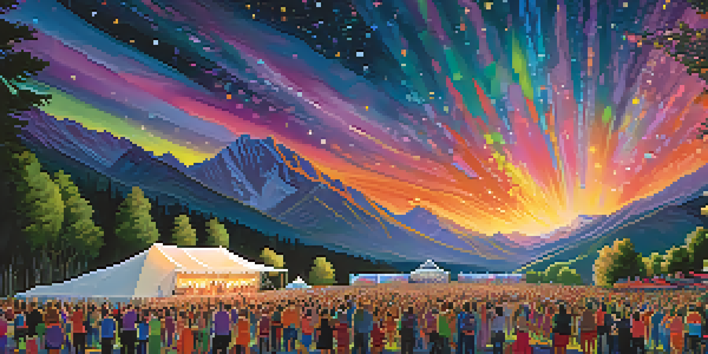 A lively music festival in Utah's mountains with people dancing under a starry sky and colorful stage lights illuminating the crowd.