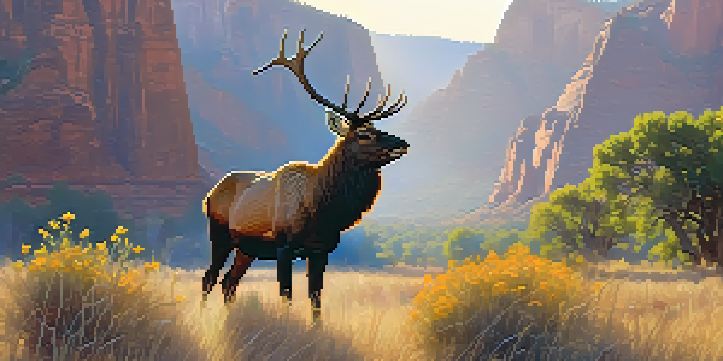 An elk in a misty meadow at Zion National Park during sunrise, with colorful wildflowers and red rock cliffs in the background.