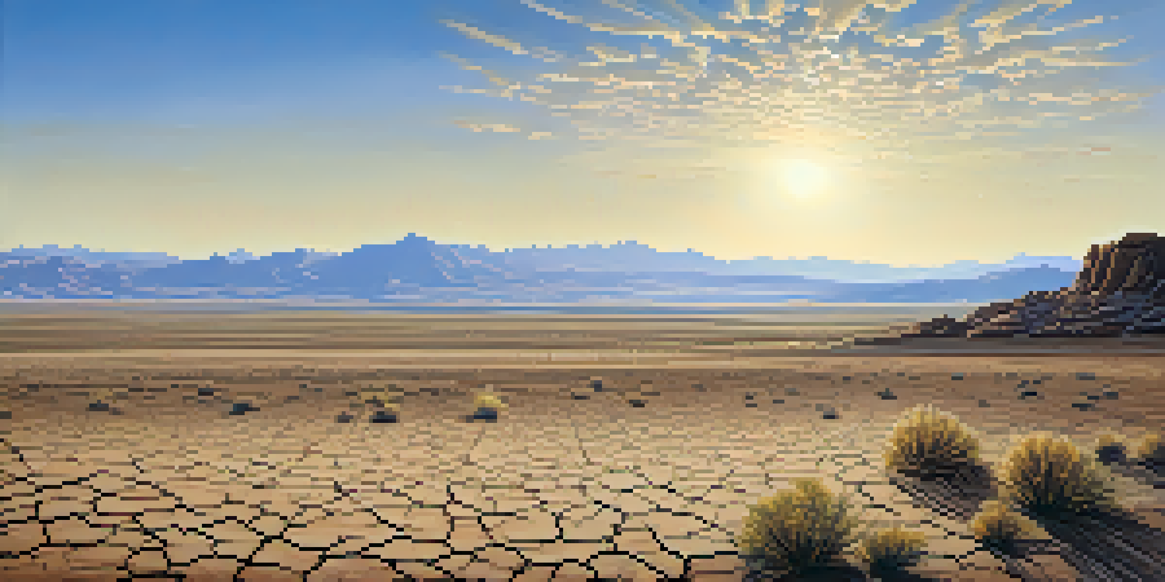 A wide view of a dry Utah landscape with cracked earth, a tumbleweed, and distant mountains under a blue sky.